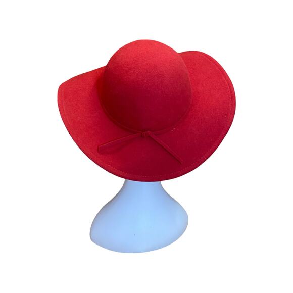 1970s Red Wool Felt Hat – Wide Brim Sculptural Vintage Hat w/ Bow Detail